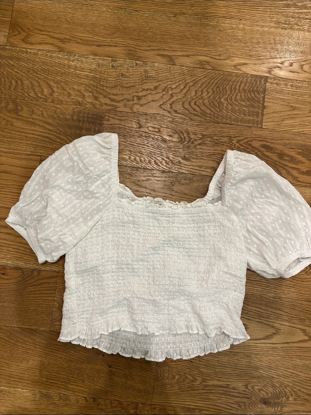 LOFT White Puff-Sleeve Smocked Crop Top